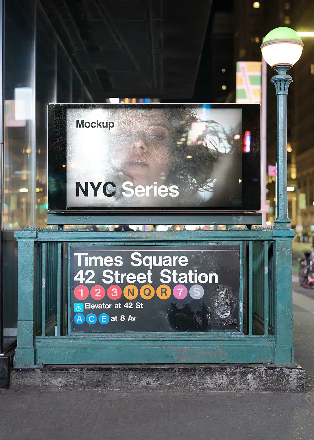 Billboard mockup at the entrance of a NYC subway station on Times Square in New York