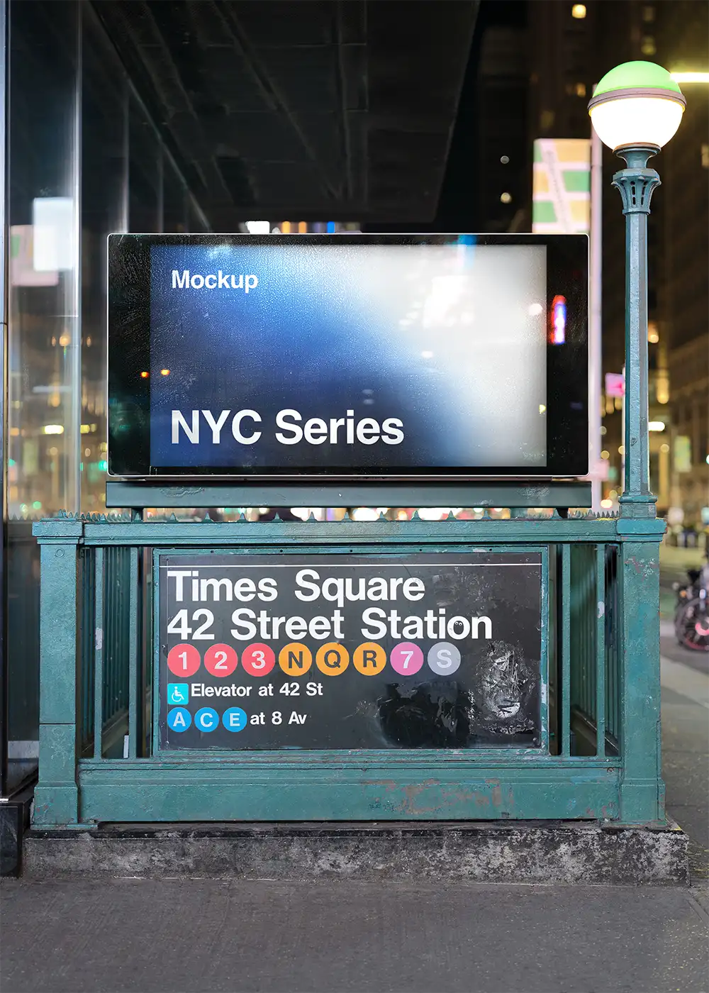 Billboard mockup at the entrance of a NYC subway station on Times Square in New York