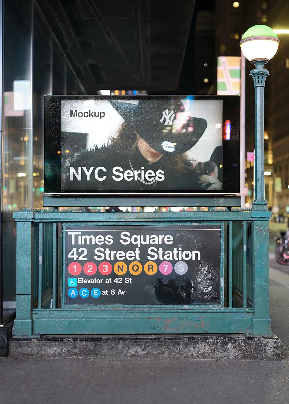 Billboard mockup at the entrance of a NYC subway station on Times Square in New York