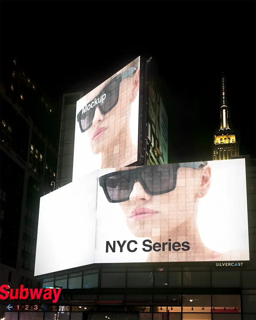 Billboard mockup in Times Square with the  Empire State Building in the background.