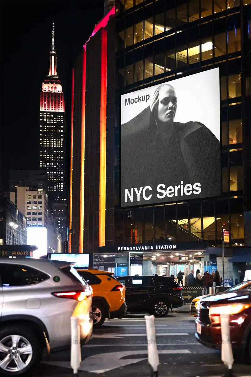 Billboard mockup on Times Square in New York, with the Empire State Building