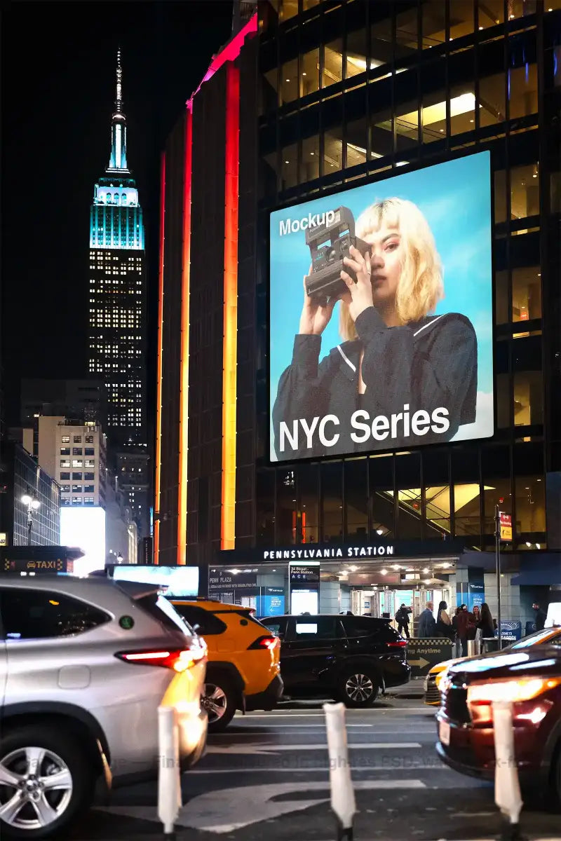 Billboard mockup on Times Square in New York, with the Empire State Building