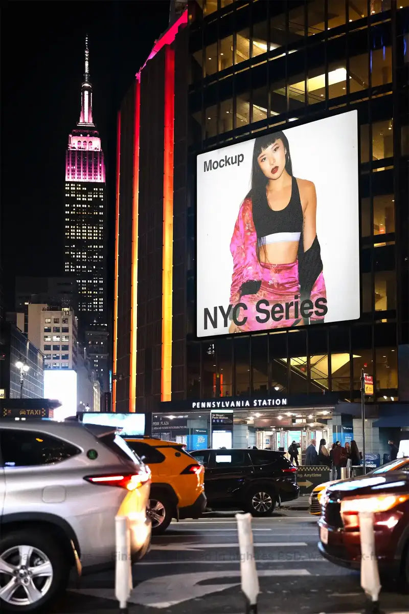 Billboard mockup on Times Square in New York, with the Empire State Building