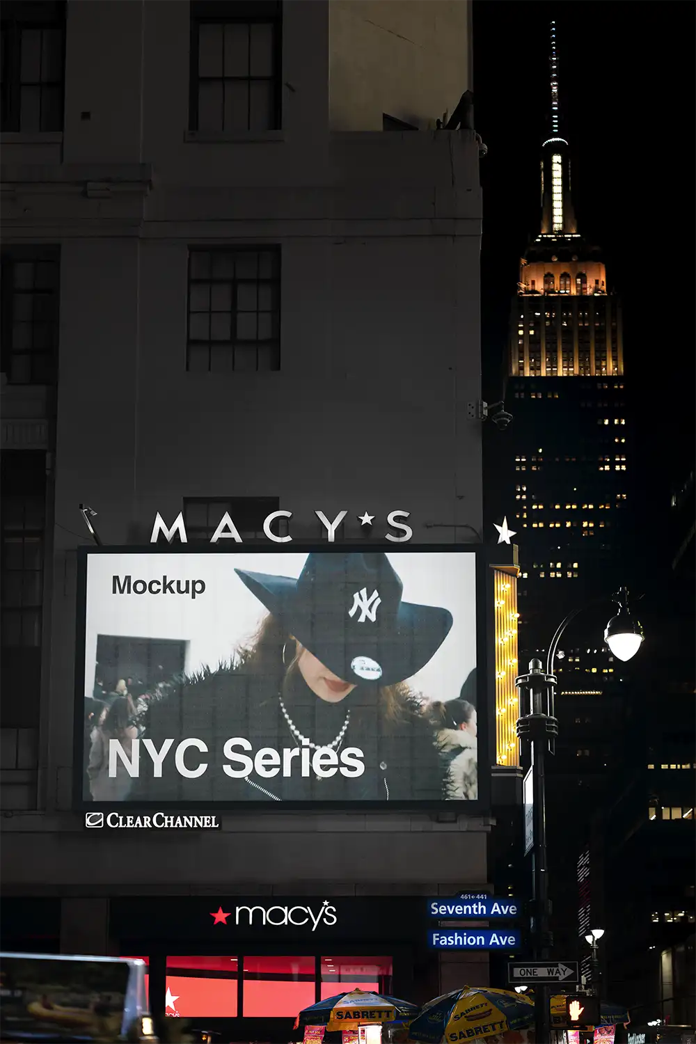 Billboard mockup on Times Square against the backdrop of the Empire State Building in New York