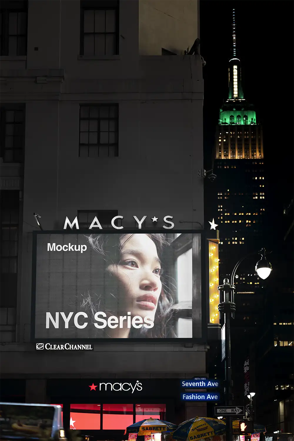 Billboard mockup on Times Square against the backdrop of the Empire State Building in New York