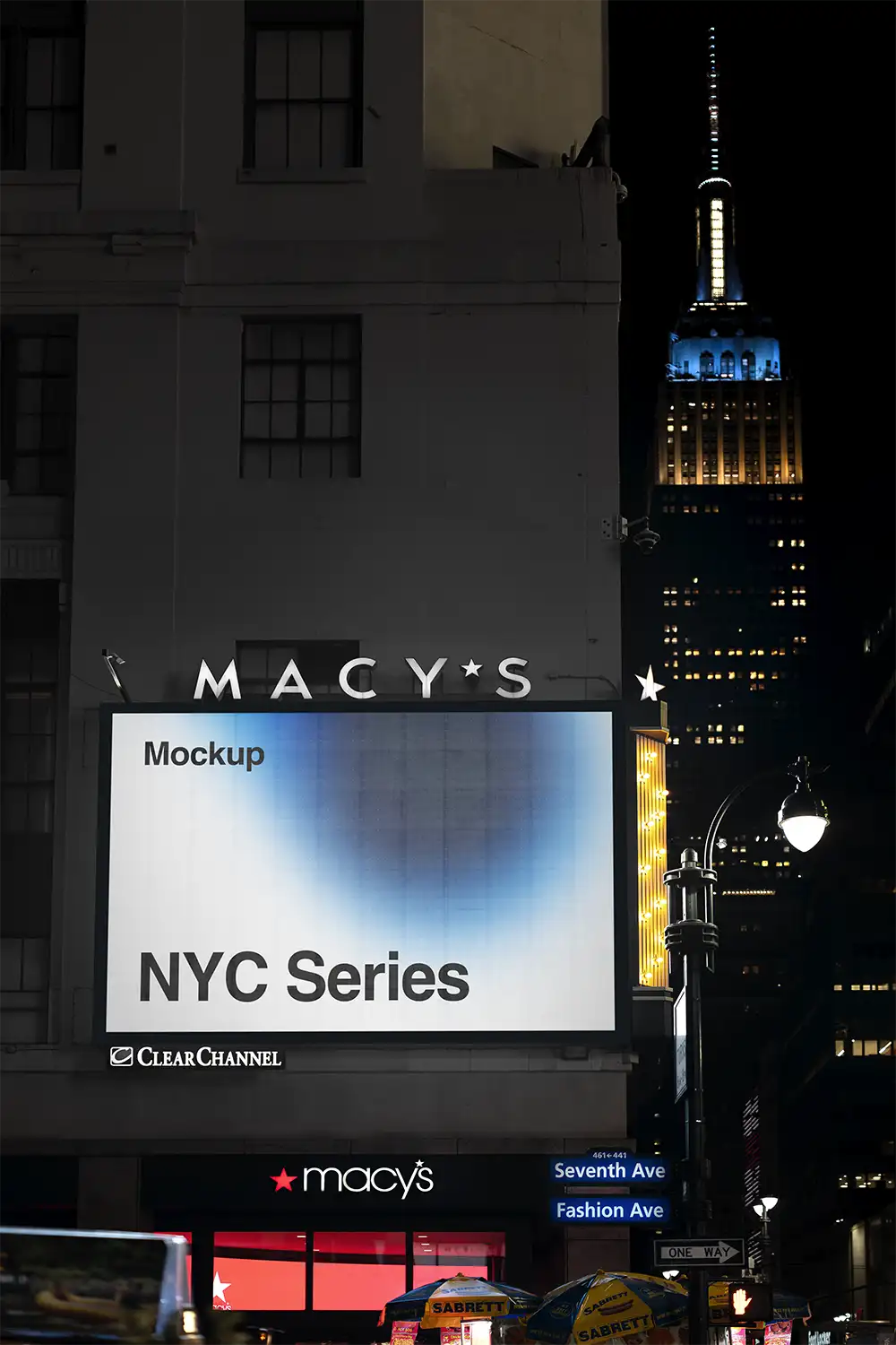 Billboard mockup on Times Square against the backdrop of the Empire State Building in New York