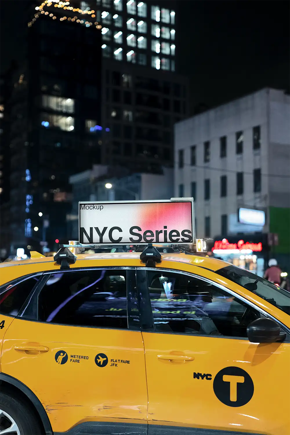 Digital billboard on a yellow cab taxi on Times Square in New York