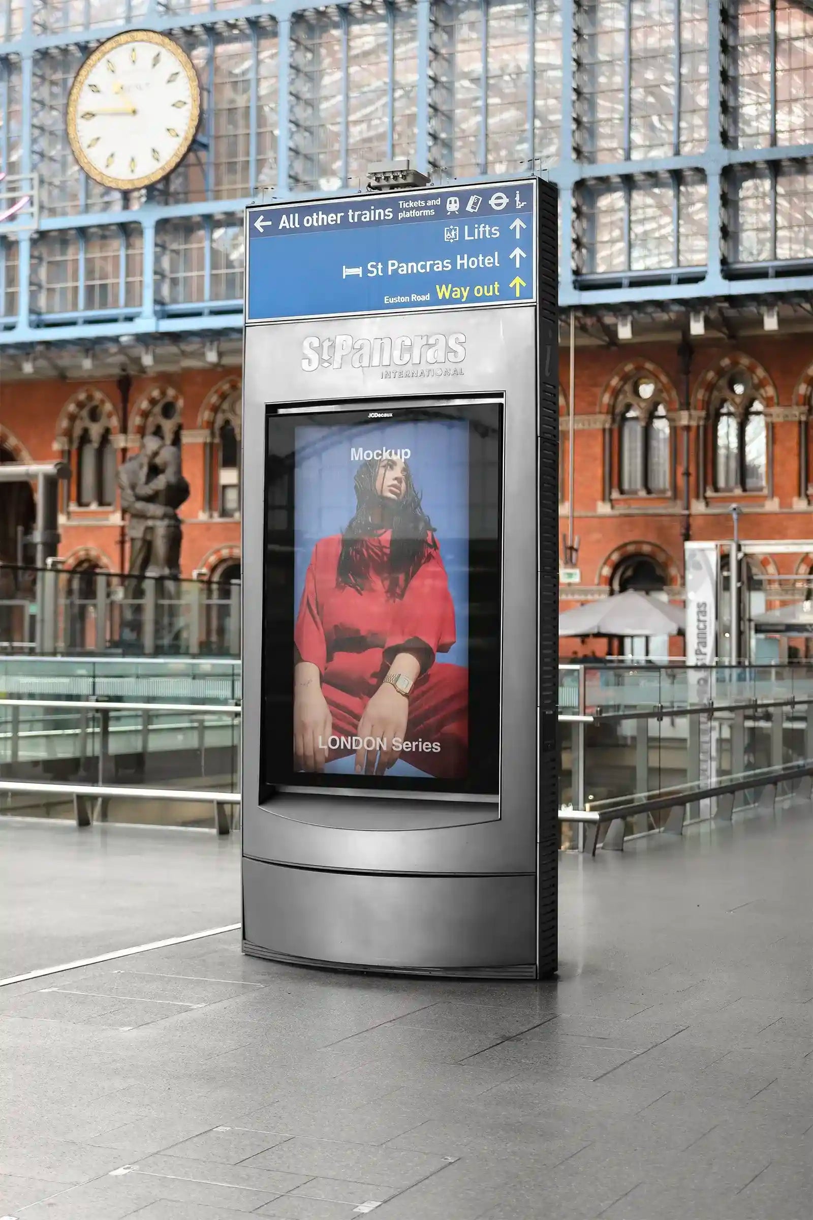 Billboard mockup in London St Pancras Train Station, UK. PSD Mockup on Photoshop for your design 3