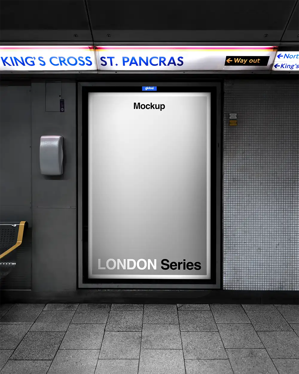 Billboard mockup at King's cross St Pancras Station in the London Underground. © BRANDACLE MOCKUPS 2026. All rights reserved.