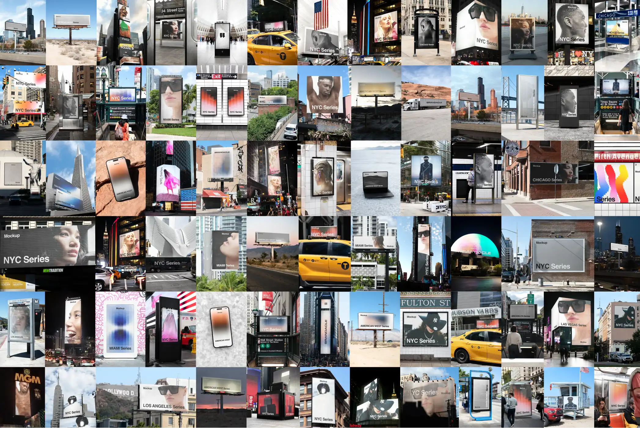 Mockup bundle of billboards, posters, banners, buses, cars in the United States (New York, Times Square, Chicago, Miami, Los Angeles, San Francisco, Las Vegas).