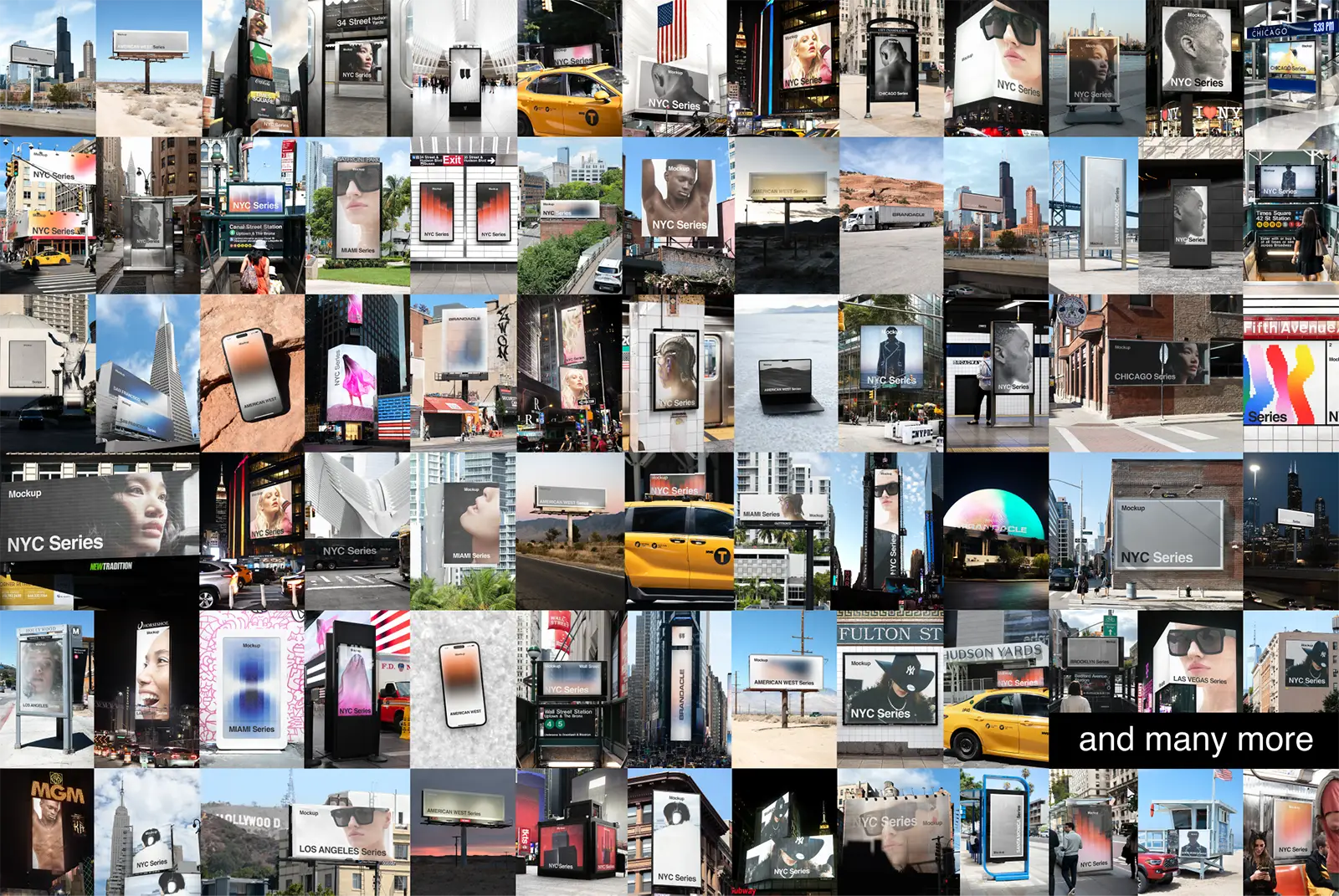 Mockup bundle of billboards, posters, banners, buses, cars in the United States (New York, Times Square, Chicago, Miami, Los Angeles, San Francisco, Las Vegas).