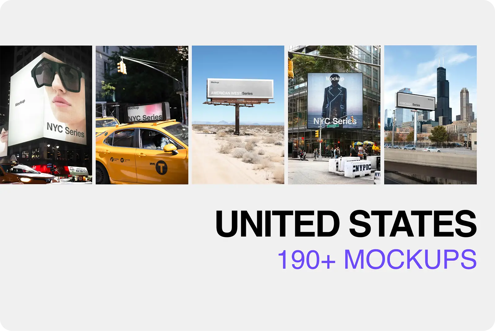 Mockup bundle of billboards, posters, banners, buses, cars in the United States (New York, Times Square, Chicago, Miami, Los Angeles, San Francisco, Las Vegas, Nevada, Utah, California).