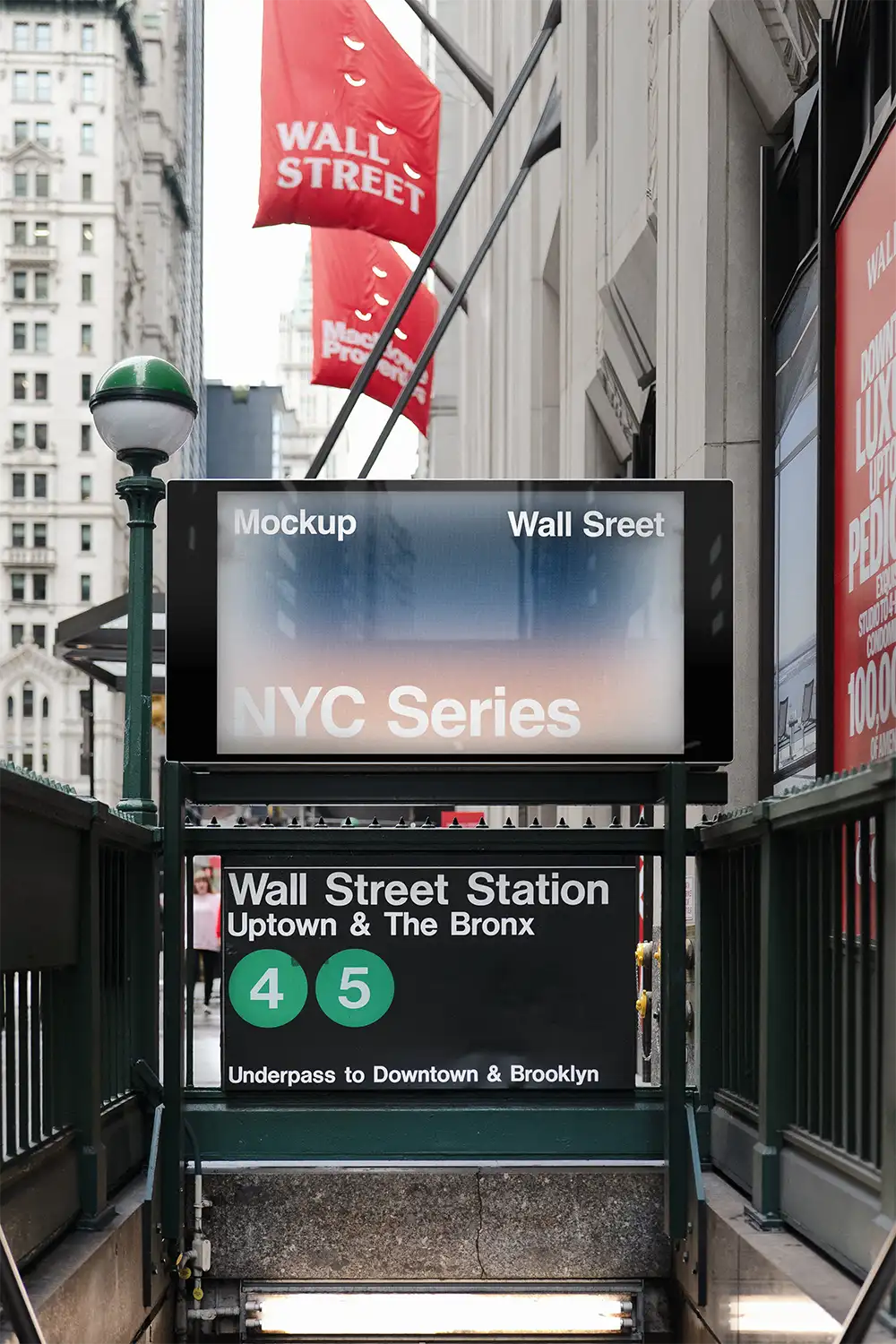 Billboard mockup at Wall Street NYC Subway Station in Manhattan, New York. © BRANDACLE MOCKUPS 2026. All rights reserved.