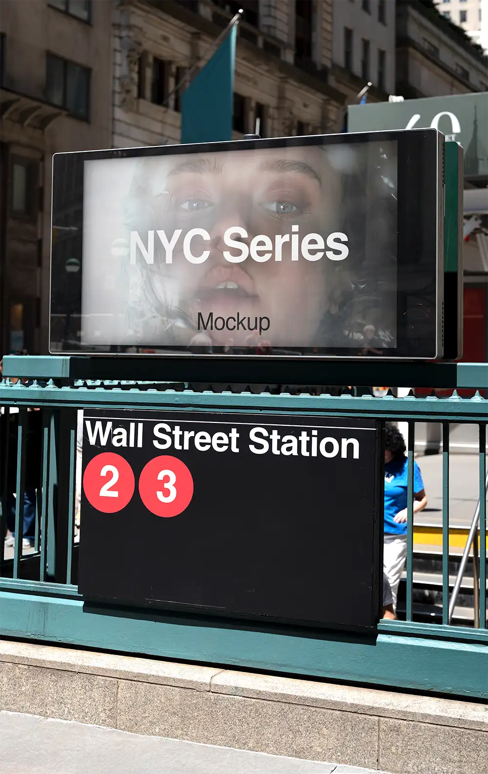 Billboard mockup in Wall Street in New York. © 2026 BRANDACLE MOCKUPS.
