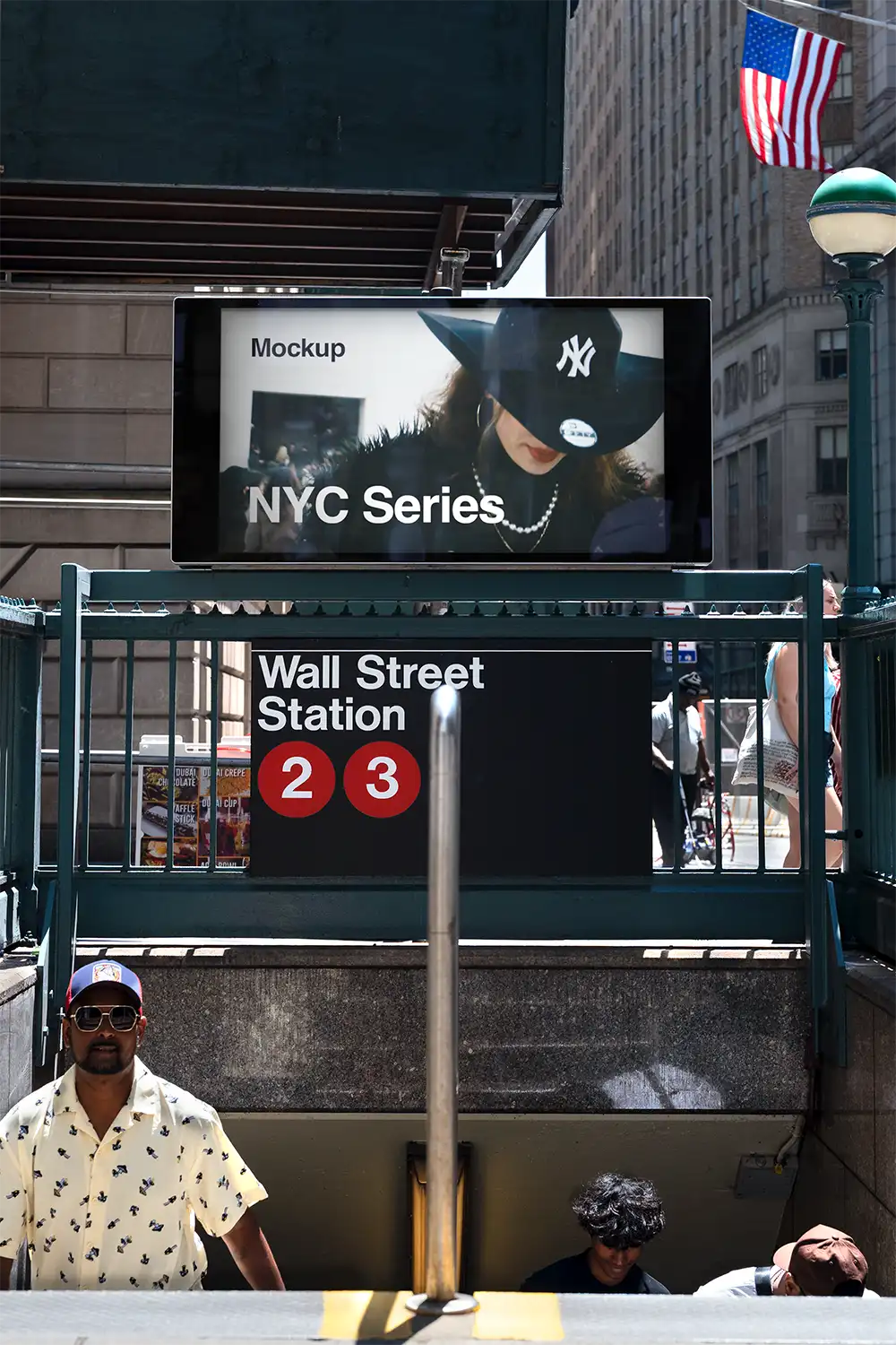 Billboard mockup on Wall Street, New York, at a subway station