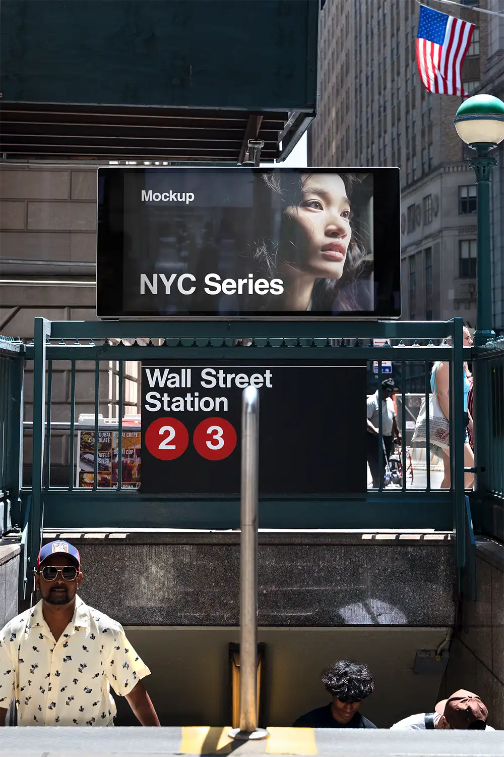 Billboard mockup on Wall Street, New York, at a subway station