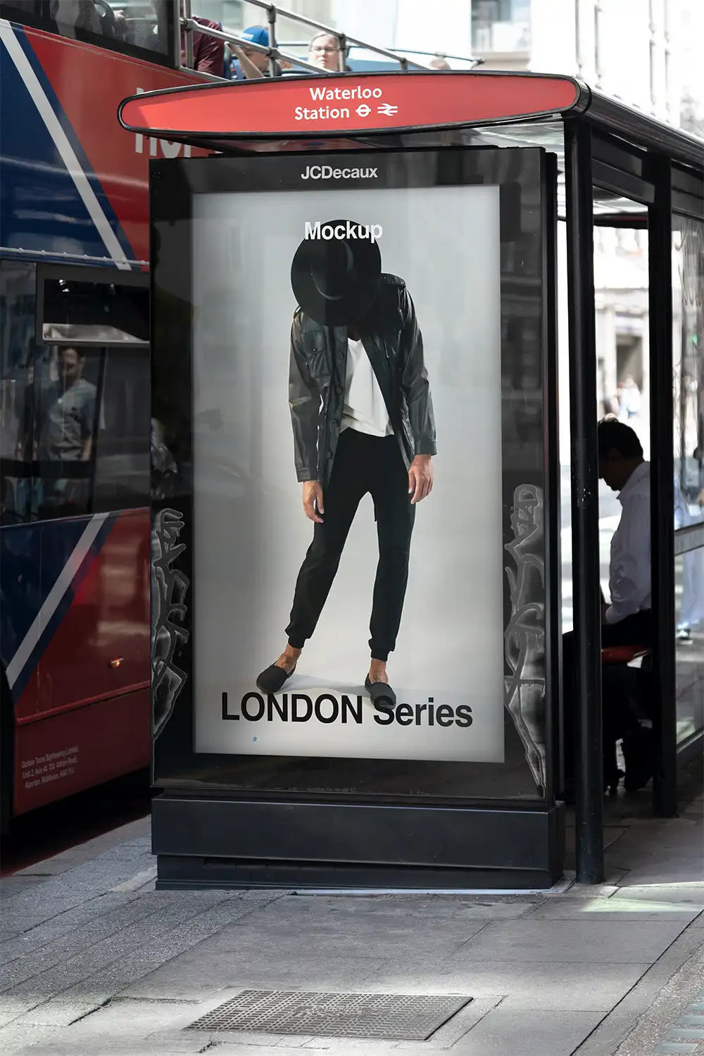 Billboard mockup on a bus shelter at Waterloo Station in London. © BRANDACLE MOCKUPS 2026.
