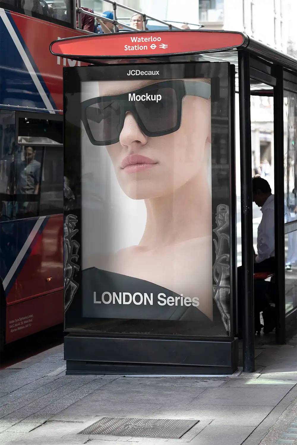 Billboard mockup on a bus shelter  at Waterloo Station in London. © BRANDACLE MOCKUPS 2026.
