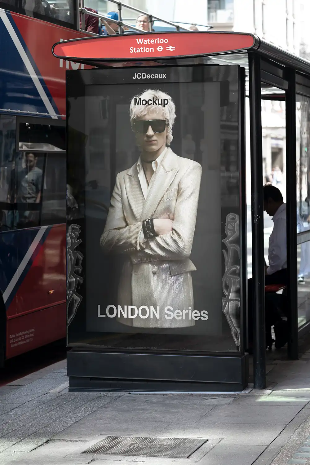 Billboard mockup on a bus shelter at Waterloo Station in London. © BRANDACLE MOCKUPS 2026.