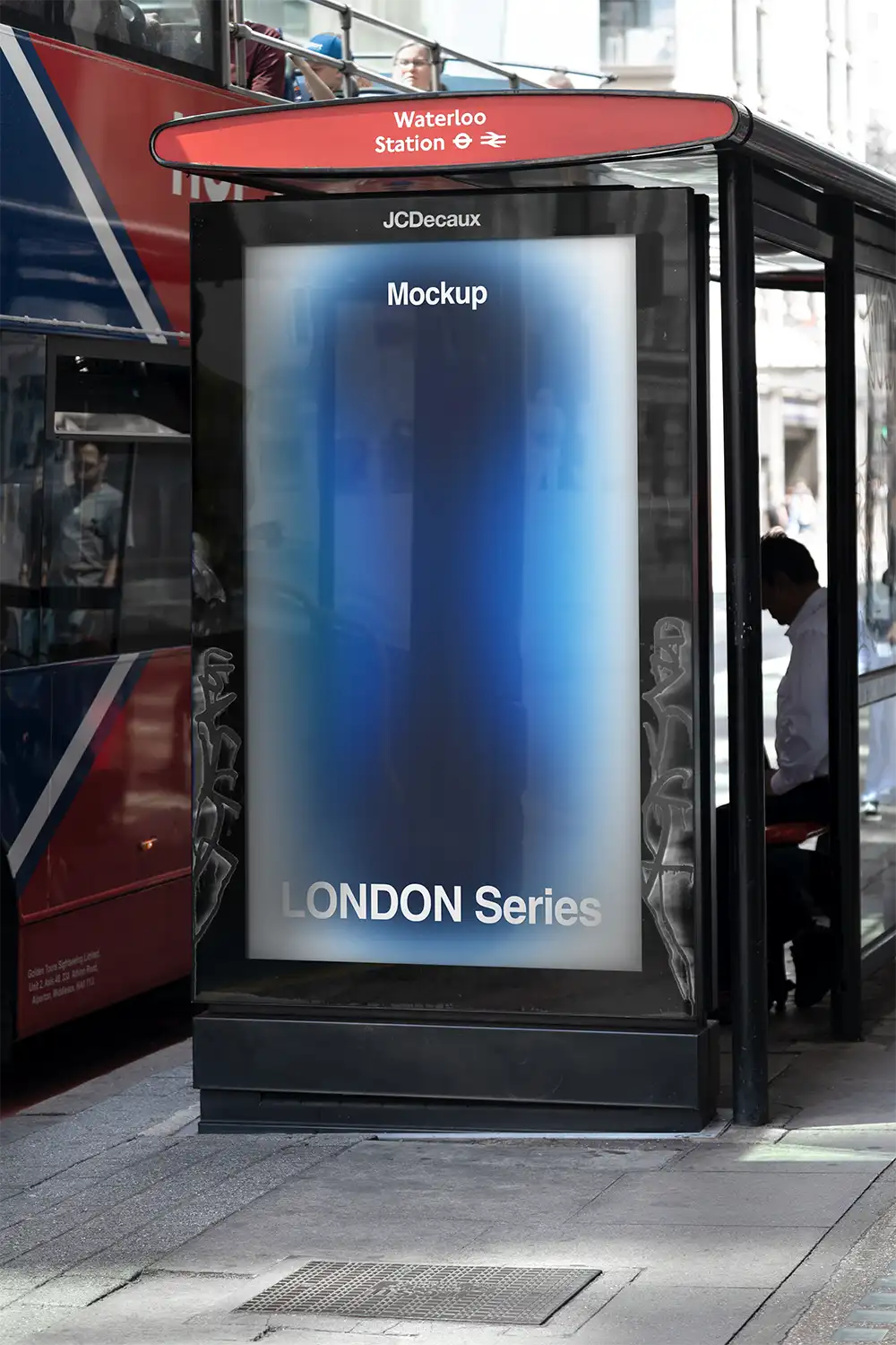 Billboard mockup on the bus shelter at Waterloo Station in London. © BRANDACLE MOCKUPS 2026.