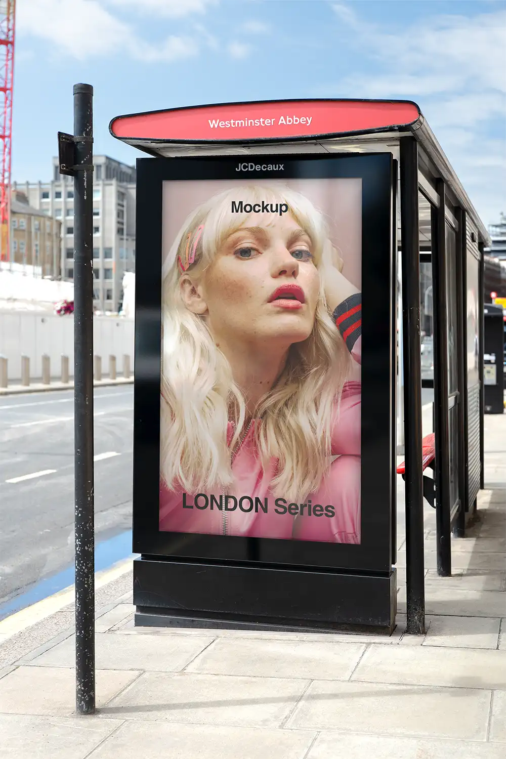 Billboard mockup in London on a bus shelter at Westminster Abbey © BRANDACLE MOCKUPS 2026.