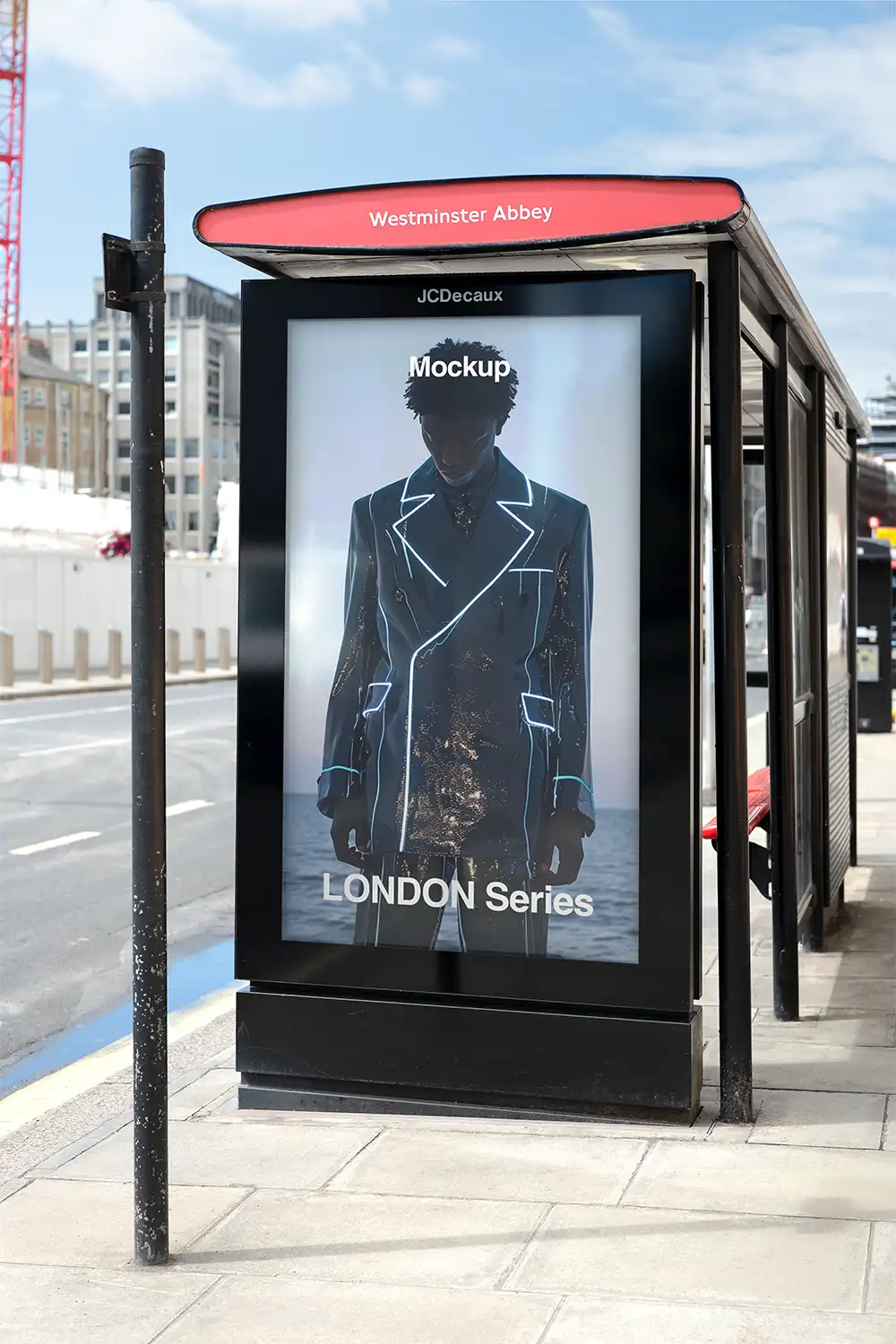 Billboard mockup in London on a bus shelter at Westminster Abbey © BRANDACLE MOCKUPS 2026.