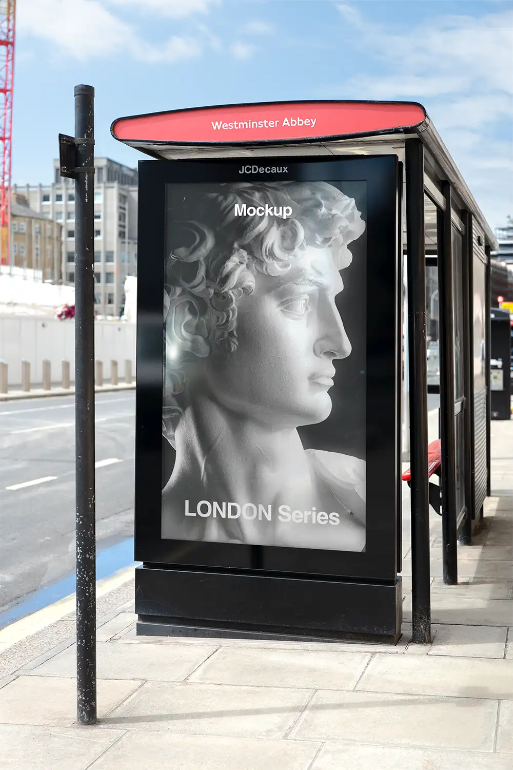 Billboard mockup in London on a bus shelter at Westminster Abbey © BRANDACLE MOCKUPS 2026.