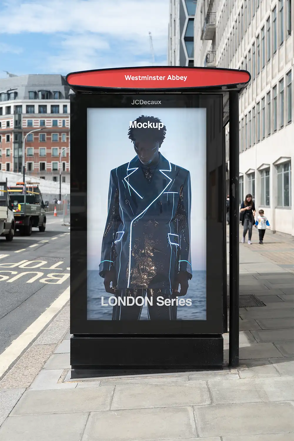 Billboard mockup in London on a bus shelter at Westminster Abbey © BRANDACLE MOCKUPS 2026.