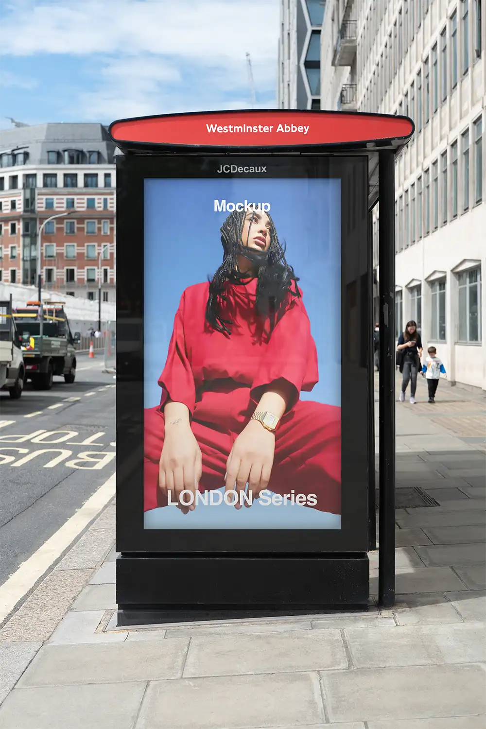 Billboard mockup in London on a bus shelter at Westminster Abbey © BRANDACLE MOCKUPS 2026.
