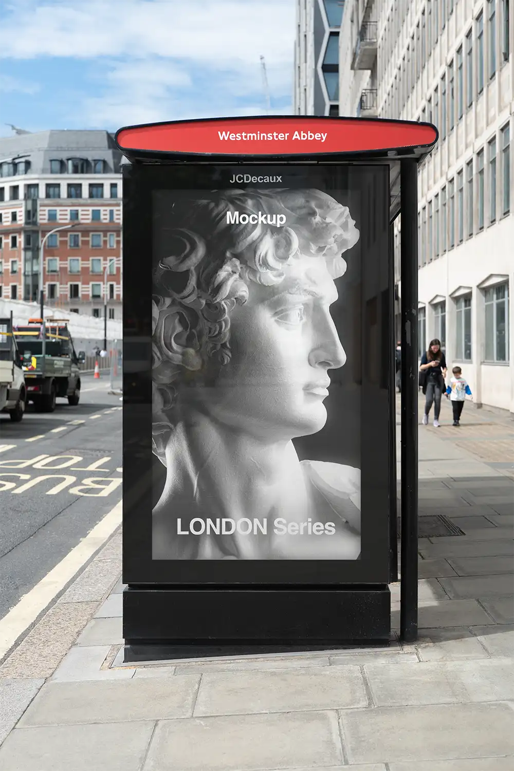 Billboard mockup in London on a bus shelter at Westminster Abbey © BRANDACLE MOCKUPS 2026.