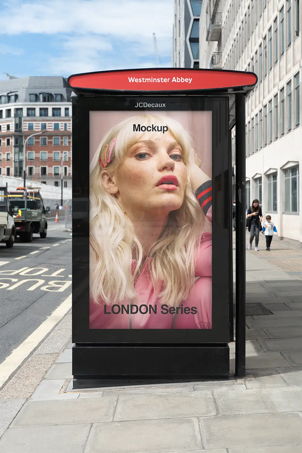 Billboard mockup in London on a bus shelter at Westminster Abbey © BRANDACLE MOCKUPS 2026.