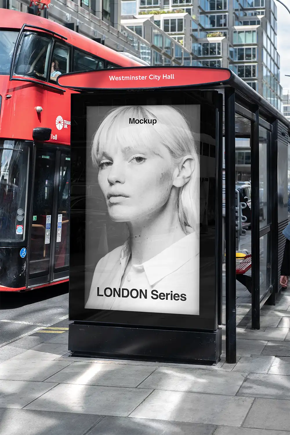 Billboard mockup on a bus shelter in London © BRANDACLE MOCKUPS 2026.