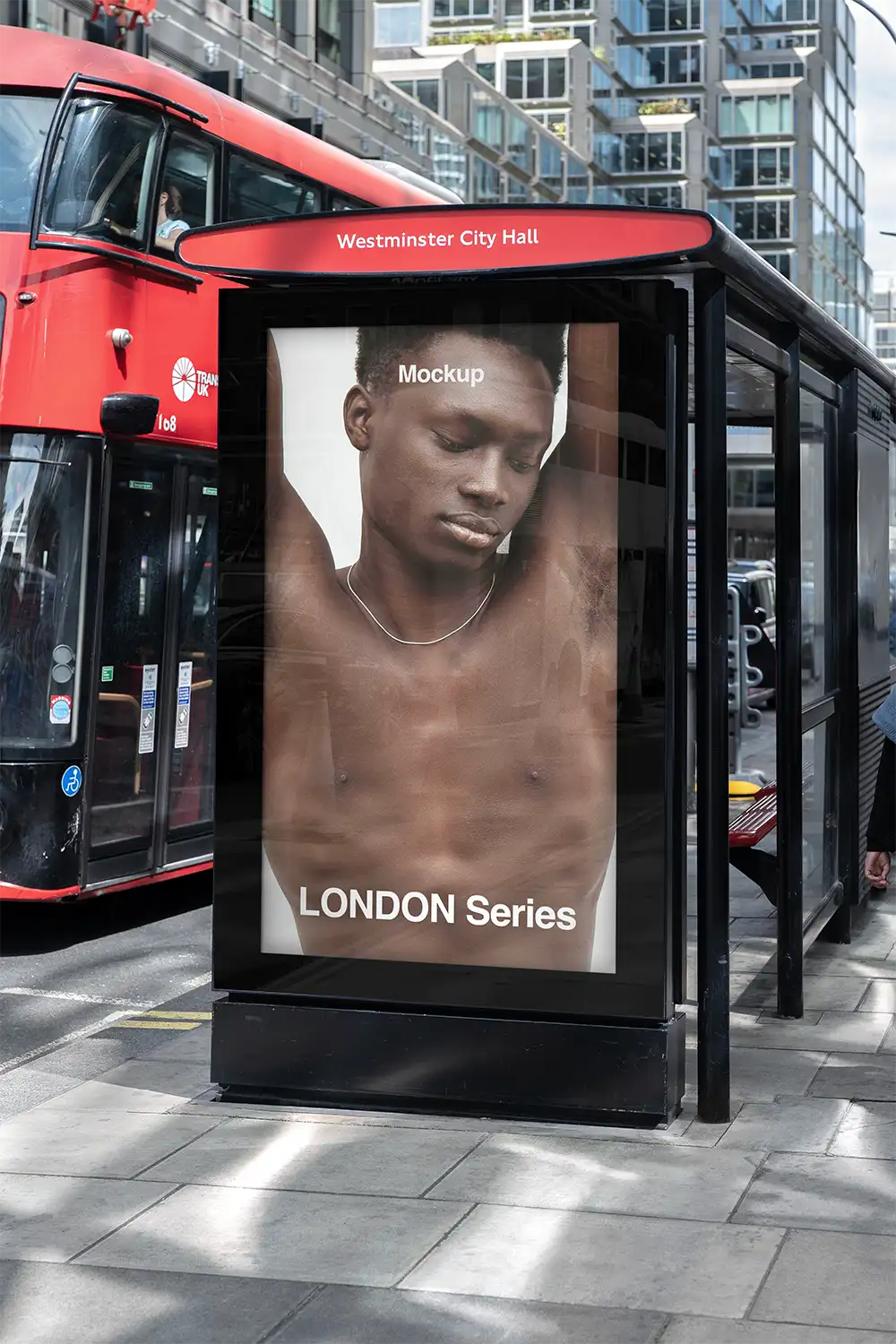 Billboard mockup on a bus shelter in London © BRANDACLE MOCKUPS 2026.