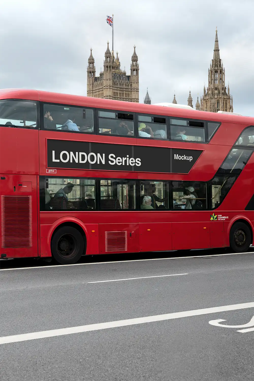 Red London Bus billboard mockup against the backdrop of Westminster and Parliament in Central London © BRANDACLE MOCKUPS 2026. All rights reserved.