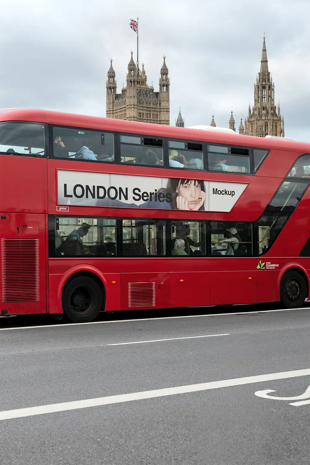 Red London Bus billboard mockup against the backdrop of Westminster and Parliament in Central London © BRANDACLE MOCKUPS 2026. All rights reserved.