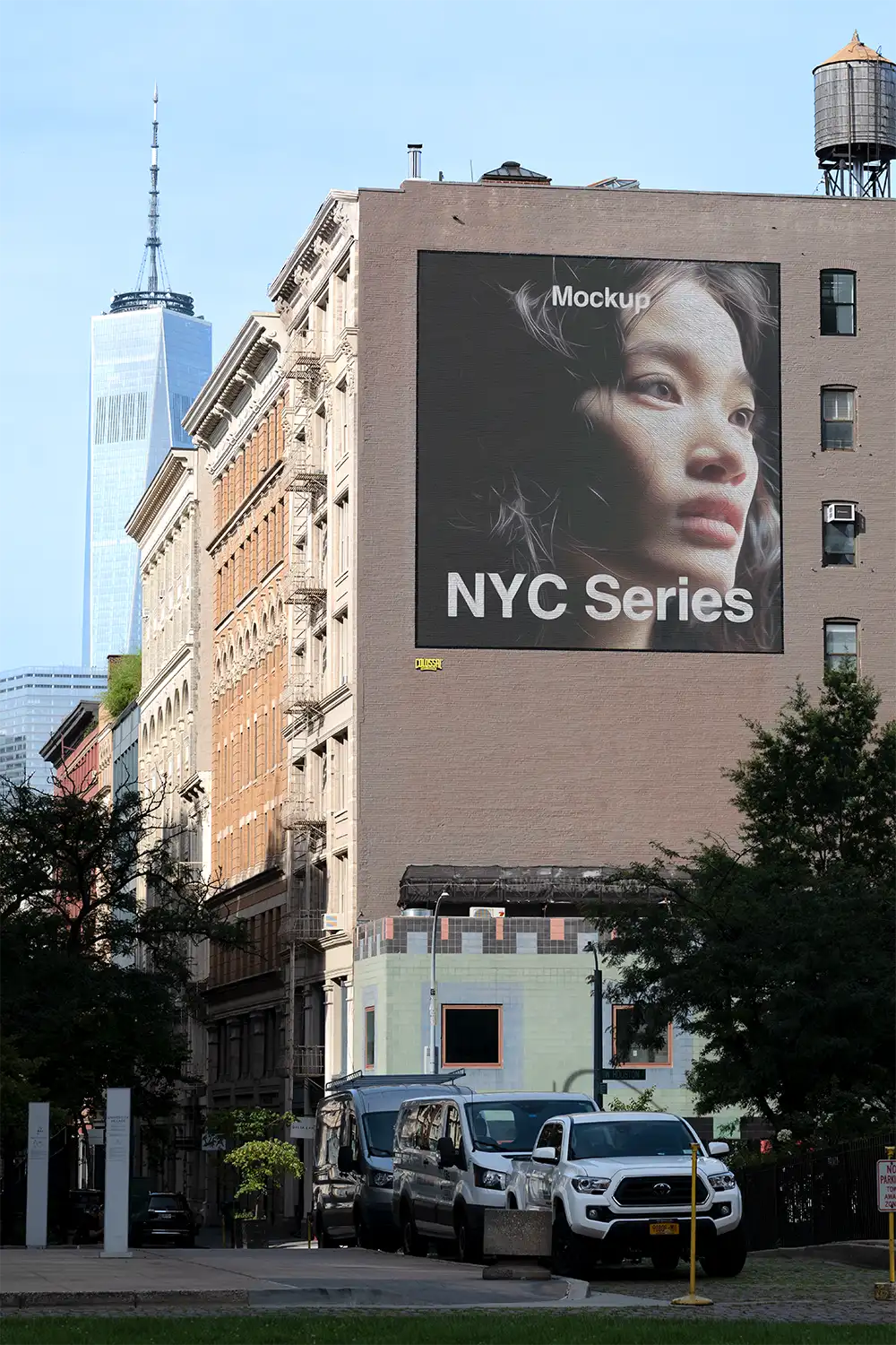 Billboard mockup in New York against the backdrop of the One World Trade Center