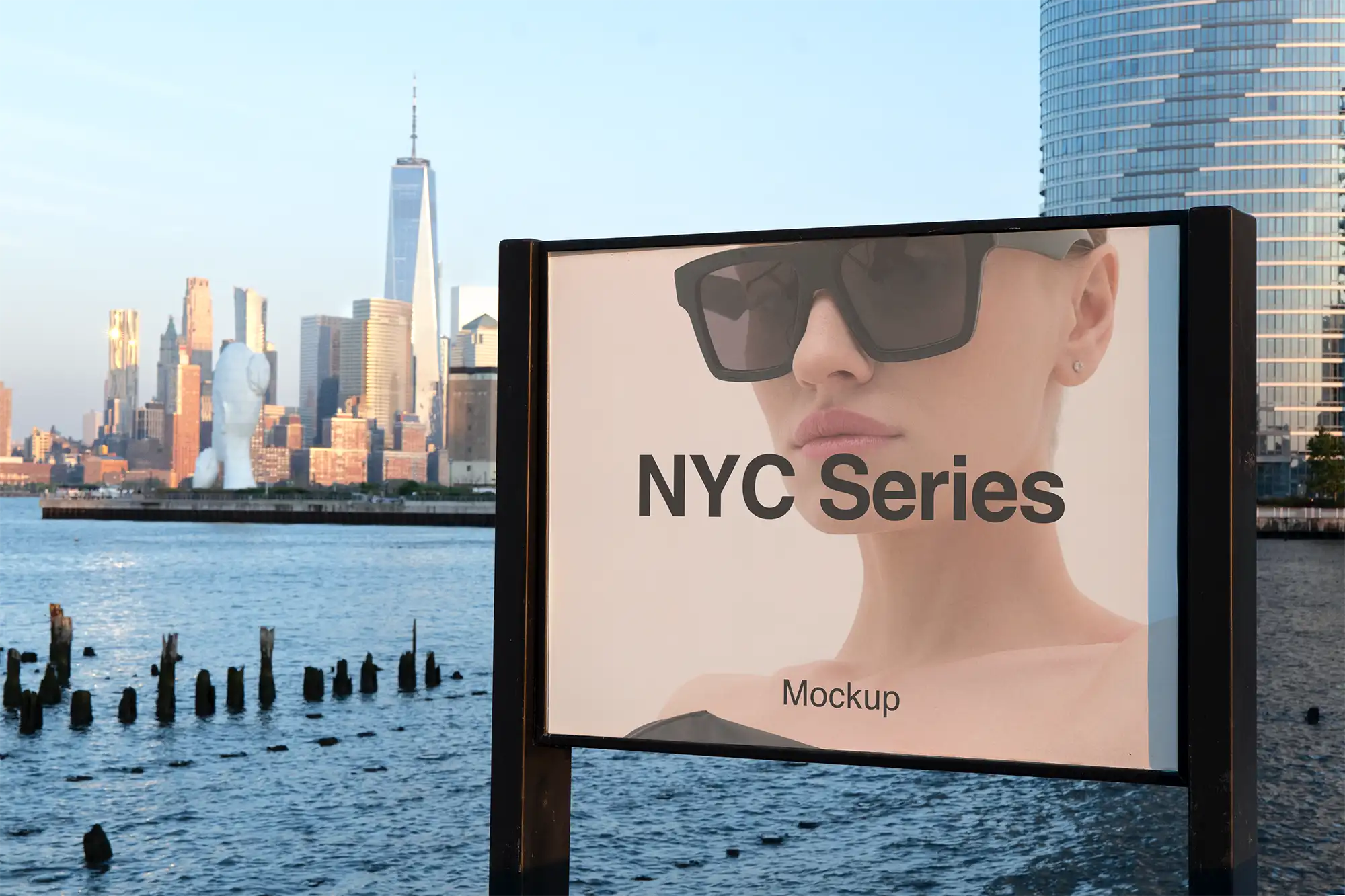 Poster mockup in New York against the backdrop of the World Trade Center