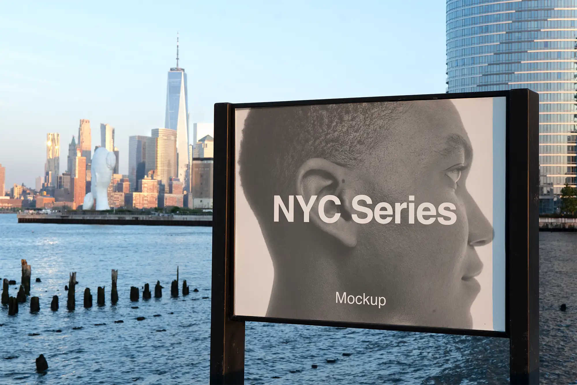 Poster mockup in New York against the backdrop of the World Trade Center
