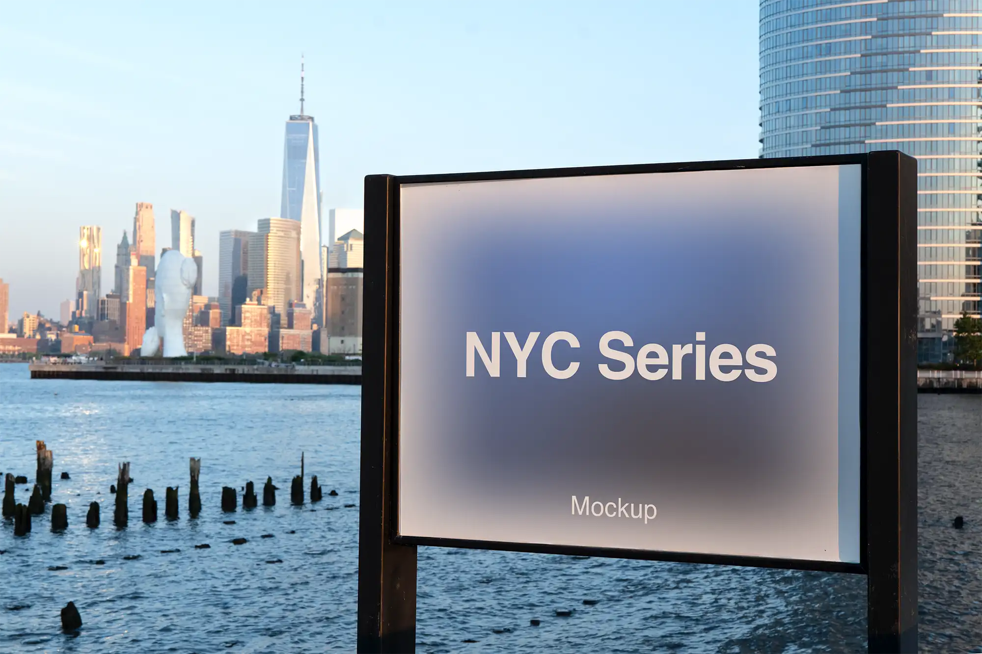 Poster mockup in New York against the backdrop of the World Trade Center