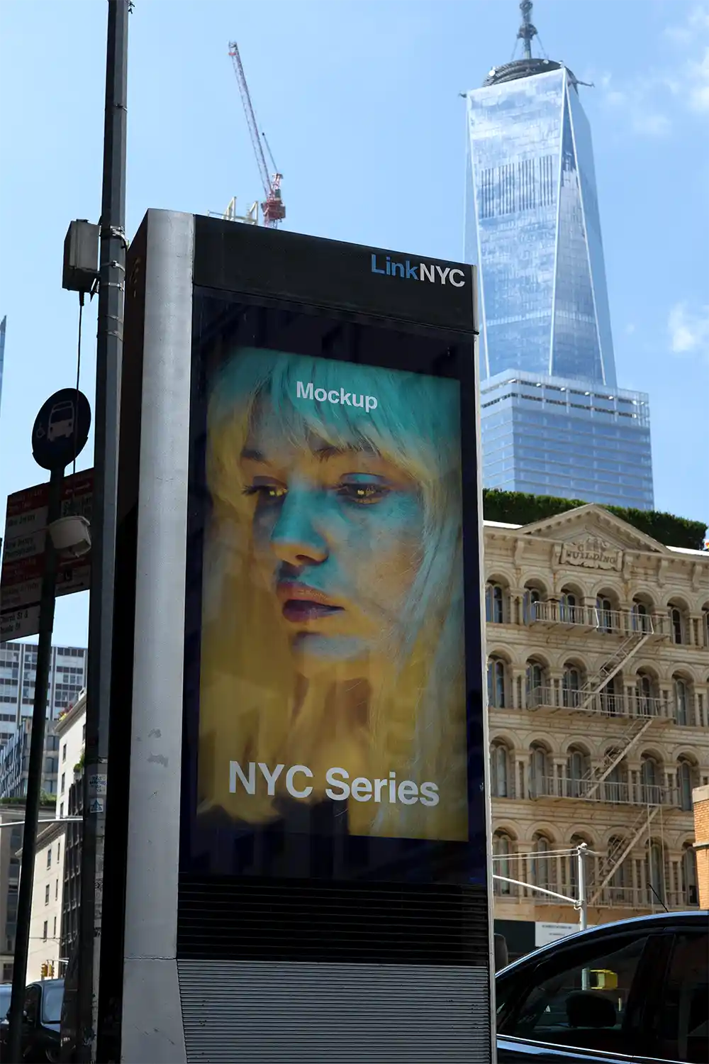 Poster mockup against the backdrop of the world trade center in New York