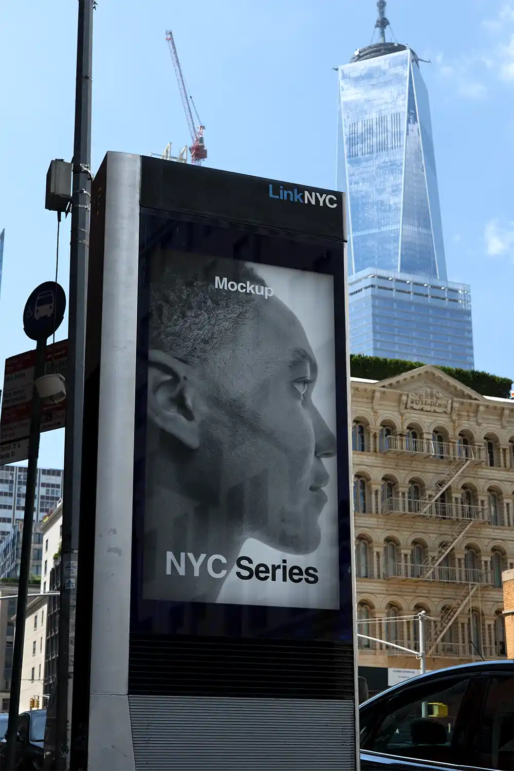 Poster mockup against the backdrop of the world trade center in New York