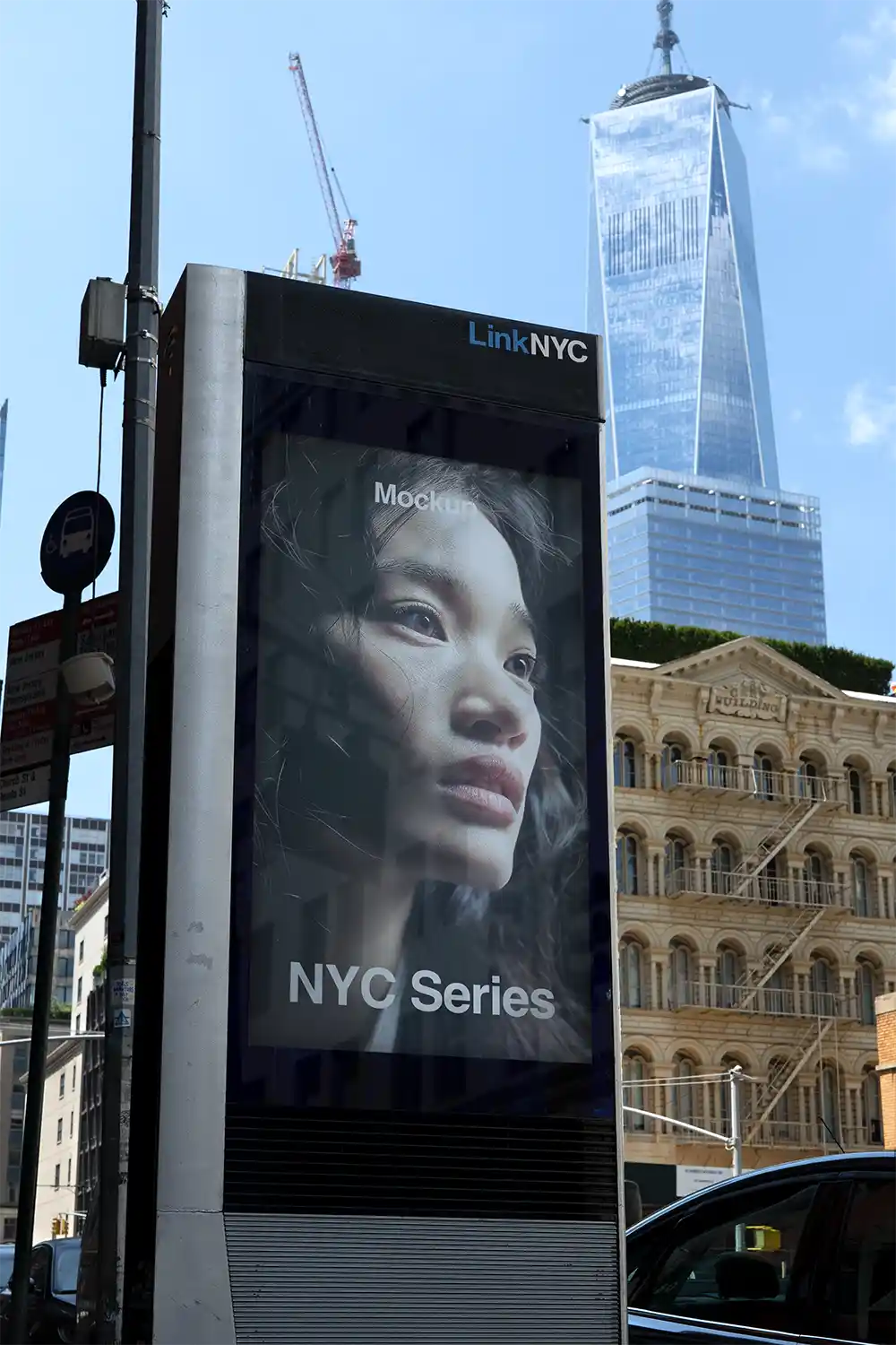 Poster mockup against the backdrop of the world trade center in New York