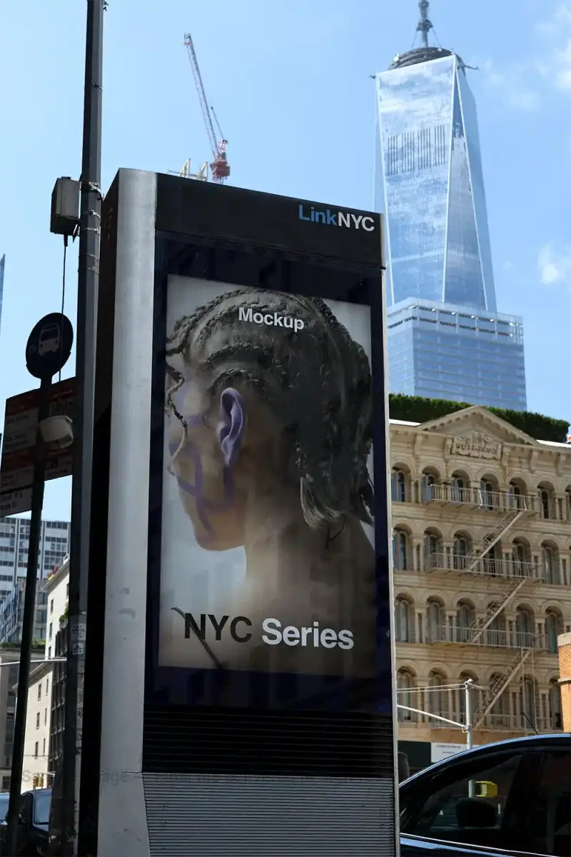 Poster mockup against the backdrop of the world trade center in New York