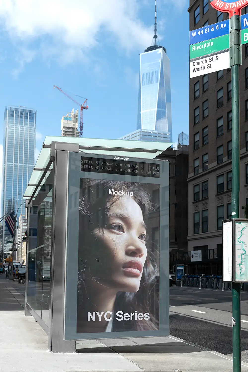 Poster mockup on a bus shelter in New York against the backdrop of the One World Trade Center