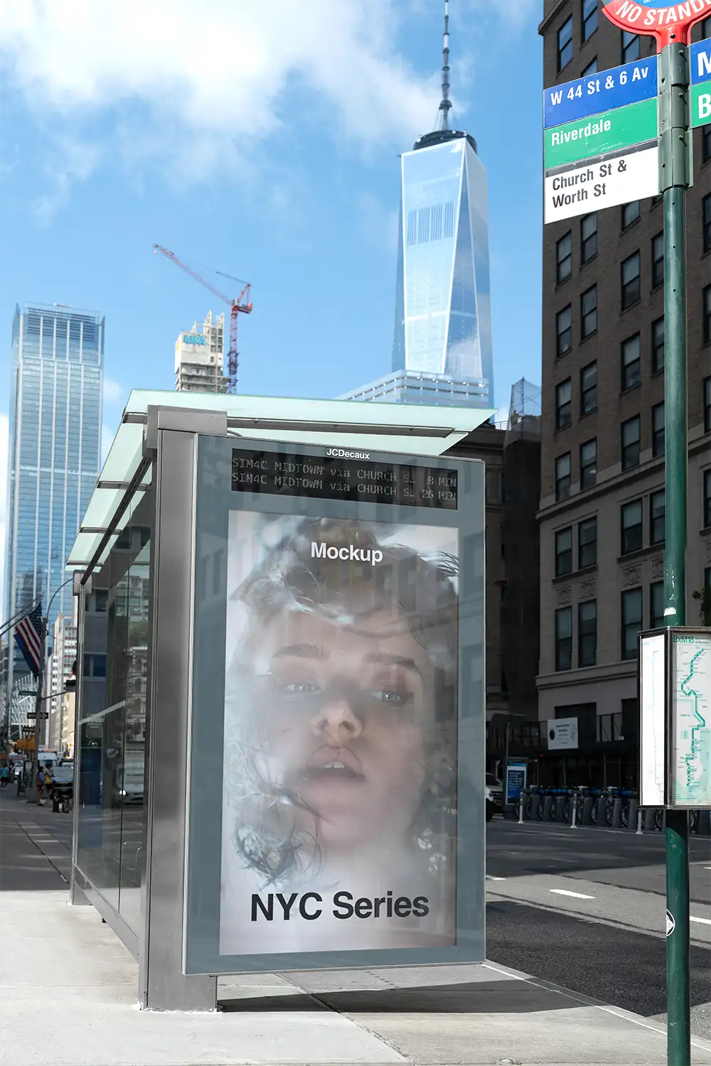 Poster mockup on a bus shelter in New York against the backdrop of the One World Trade Center