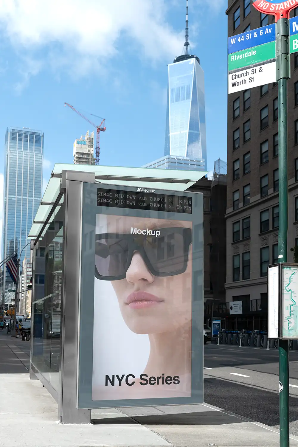 Poster mockup on a bus shelter in New York against the backdrop of the One World Trade Center