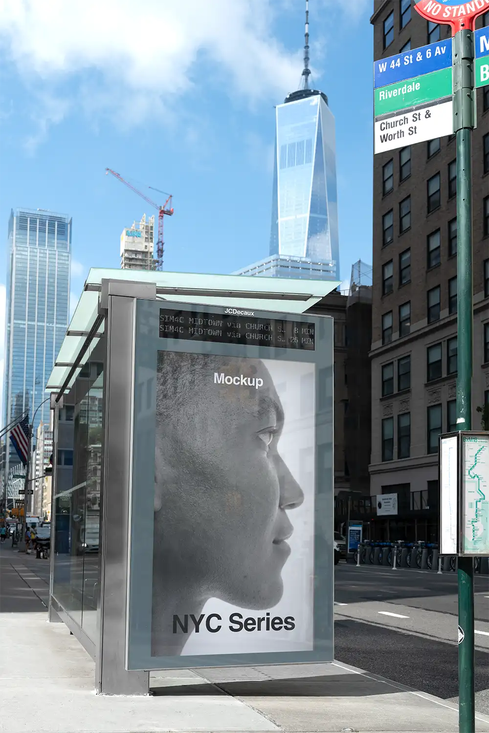 Poster mockup on a bus shelter in New York against the backdrop of the One World Trade Center