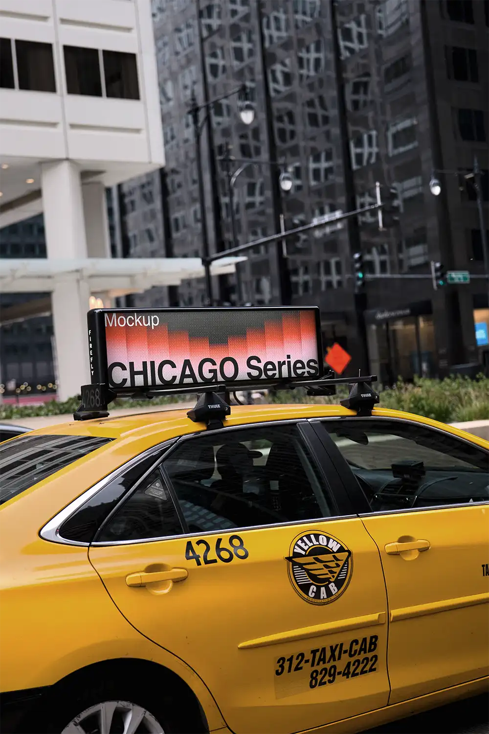 Taxi billboard mockup in Chicago © BRANDACLE MOCKUPS 2026.