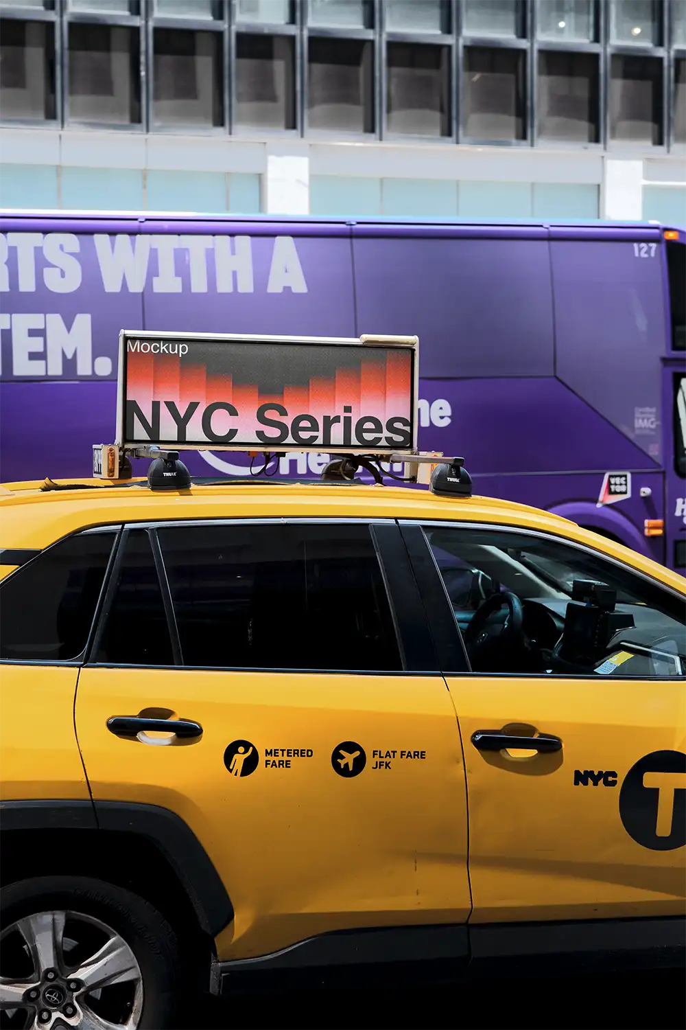 Digital billboard mockup on a yellow taxi cab in NewYork