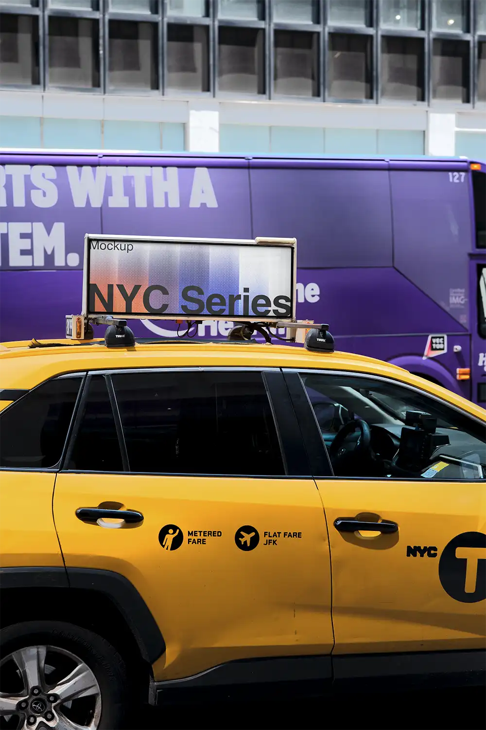 Digital billboard mockup on a yellow taxi cab in NewYork